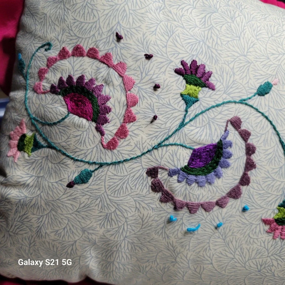 Handmade Embroidered Floral Pillow Denim Back Pink Ruffle Trim 17x12 Boho Accent